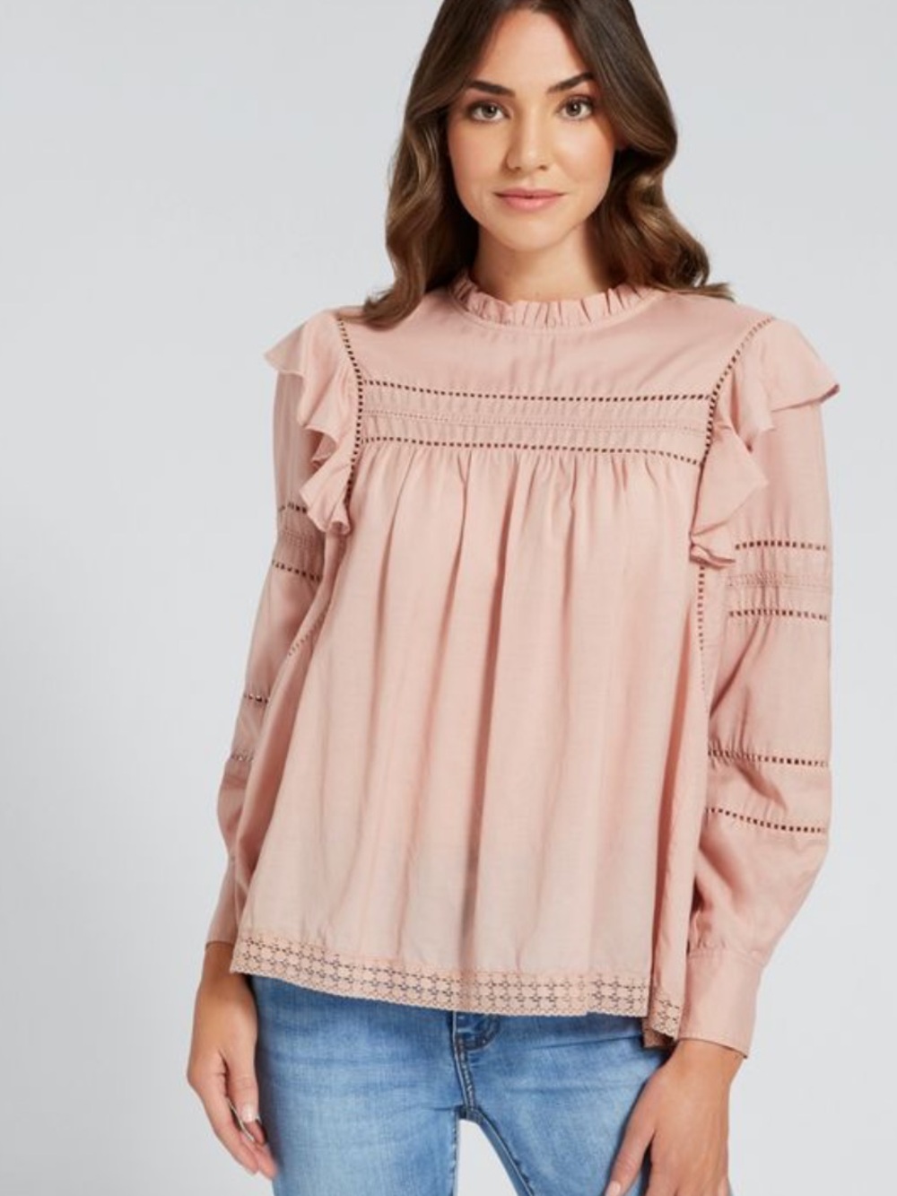 Grace + Karma ruffle crochet babydoll bohemian shirt size L loose fit pink